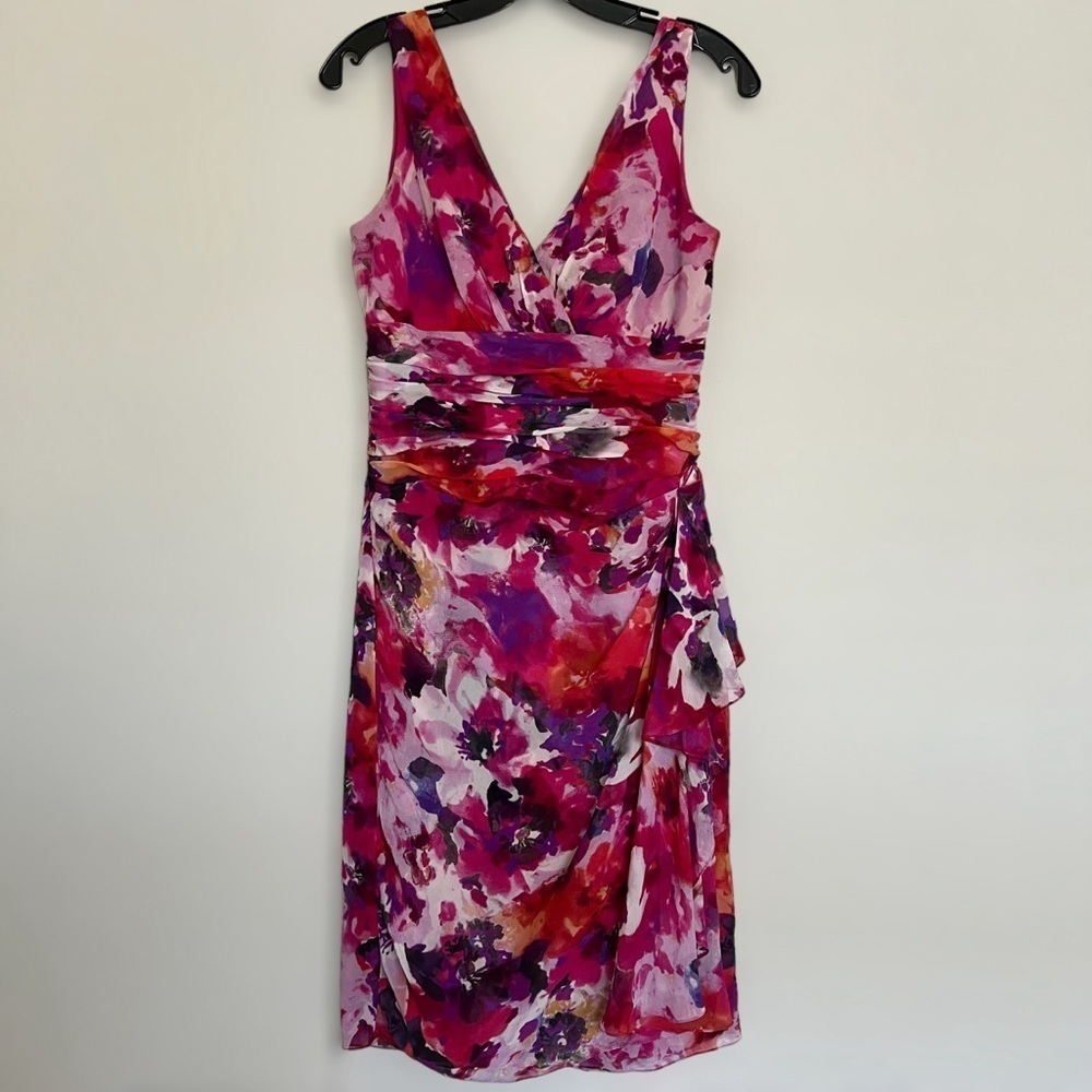 Lauren Ralph Lauren Silk Chiffon Faux Wrap Dress Size 2 Cocktail Floral Artsy